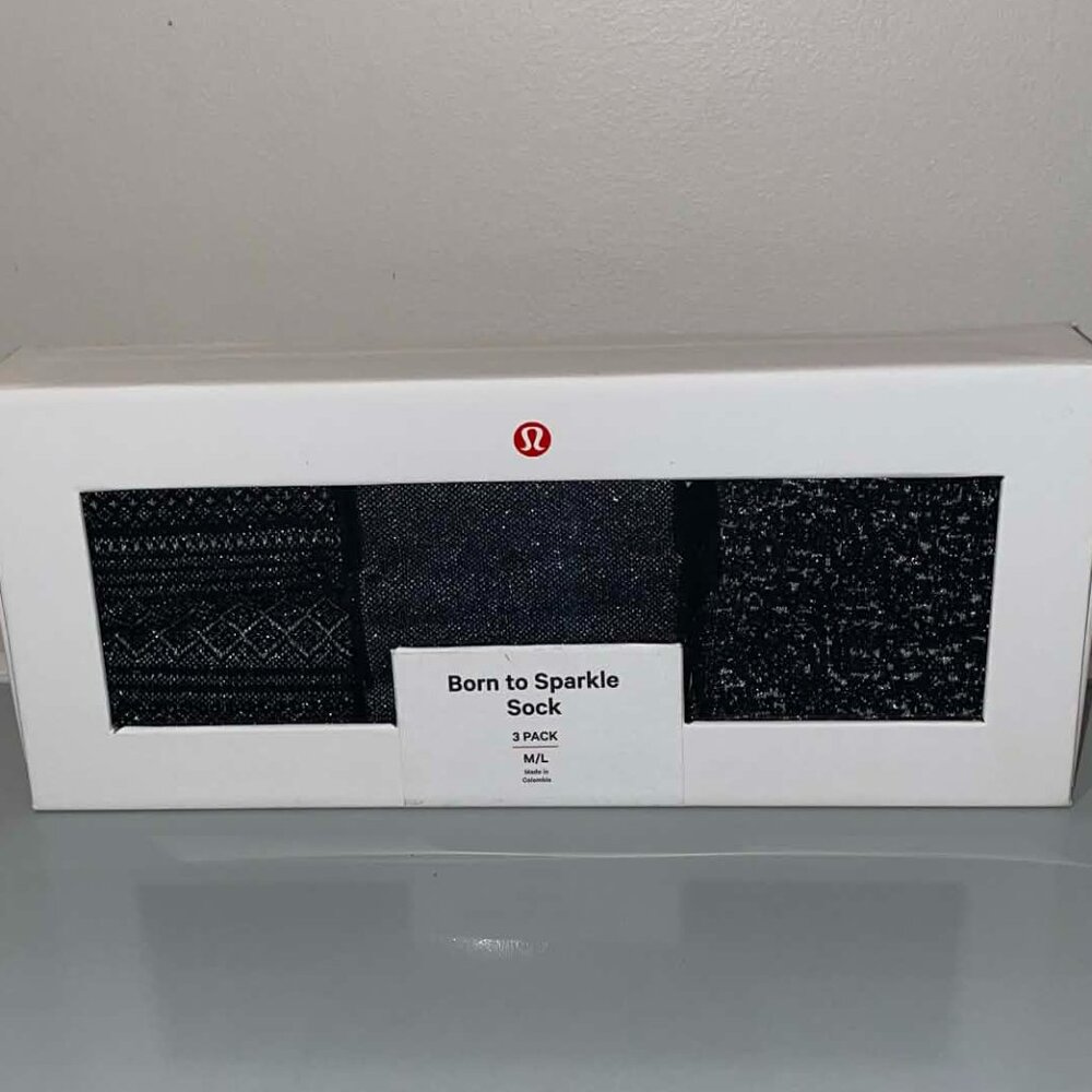 Lululemon Born To Sparkle Sock 3 Pack – Size M/L NEW IN BOX Black / Silver